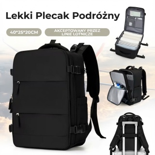 Plecak Podróżny 40x30x20 Bagaż Podręczny Wizzair Ryanair – Antykradzieżowy, Czarny