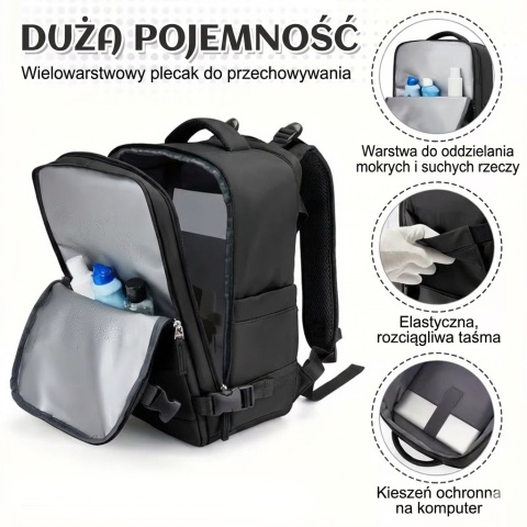 Pojemne wnętrze plecaka na laptopa z organizem i kieszenią na kosmetyki