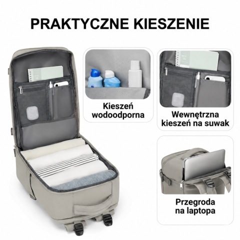 Plecak Podróżny 40x30x20 Bagaż Podręczny Wizzair Ryanair – Antykradzieżowy, Jasno-brązowy